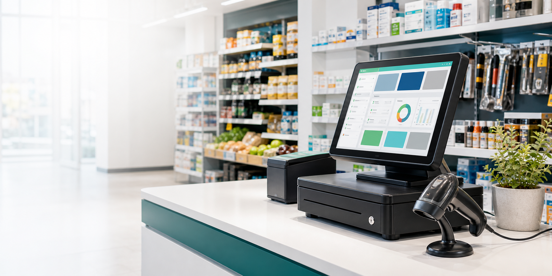 Mostrador moderno con sistema POS para comercios